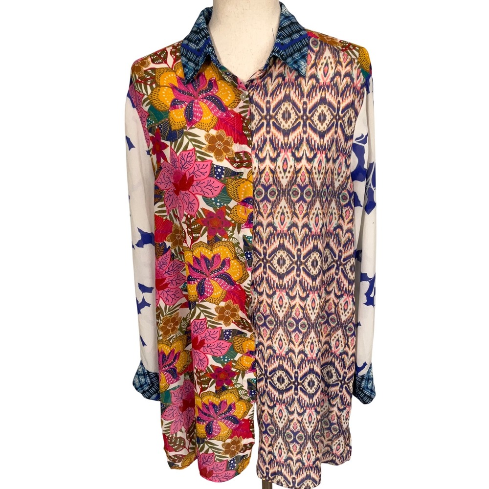 Rose + Olive Multi Print Tunic Women L Multicolor Floral Boho Statement Vivid